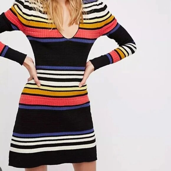 NWT Free People Gidget Knit Sweater Mini Dress Striped Size Large NEW - Picture 2 of 8